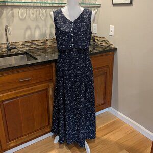 Navy Blue Floral Sleeveless Dress 2 Piece Appearance Tie in Back for Perfect Fit